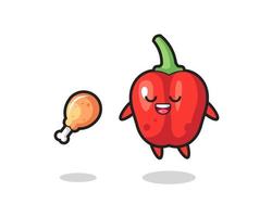 cute red bell pepper floating and tempted because of fried chicken vector