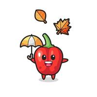 caricatura del lindo pimiento rojo sosteniendo un paraguas en otoño vector
