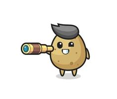 cute potato character is holding an old telescope vector
