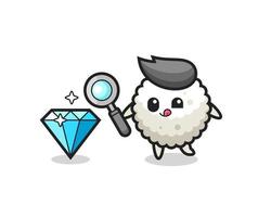 rice ball mascot is checking the authenticity of a diamond vector