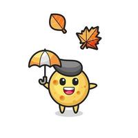 cartoon of the cute round cheese holding an umbrella in autumn vector