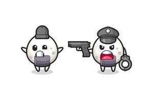 illustration of onigiri robber with hands up pose caught by police vector