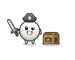 the rice ball pirate character holding sword beside a treasure box vector
