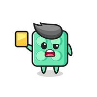 cartoon brick toy character as a football referee giving a yellow card vector