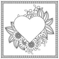 mehndi flower with frame in shape of heart vector