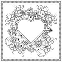 mehndi flower with frame in shape of heart vector