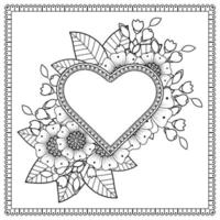 mehndi flower with frame in shape of heart vector