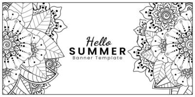 hola plantilla de banner de verano con flor mehndi vector