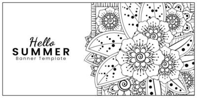 hola plantilla de banner de verano con flor mehndi vector