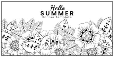 hola plantilla de banner de verano con flor mehndi vector