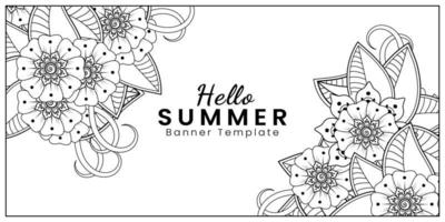 hola plantilla de banner de verano con flor mehndi vector