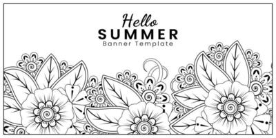 hola plantilla de banner de verano con flor mehndi vector