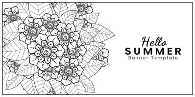 hola plantilla de banner de verano con flor mehndi vector