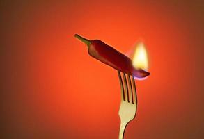 Red chili peppers on fork with fire on gradient background photo