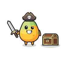 the papaya pirate character holding sword beside a treasure box vector