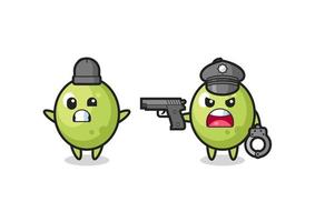 Ilustración de ladrón de aceitunas con pose de manos arriba capturado por la policía vector