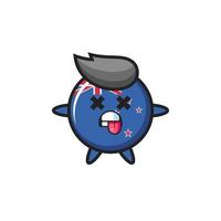personaje de la linda insignia de la bandera de nueva zelanda con pose muerta vector