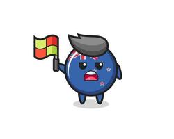 new zealand flag badge character as line judge putting the flag up vector