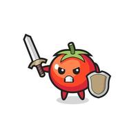 cute tomatoes soldier fighting with sword and shield vector