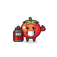 the muscular tomatoes character is holding a protein supplement vector