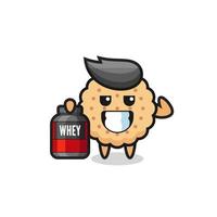 the muscular round biscuits character is holding a protein supplement vector