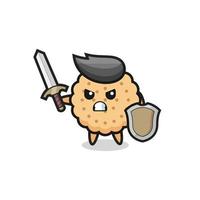 cute round biscuits soldier fighting with sword and shield vector