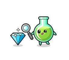 La mascota de los vasos de laboratorio está comprobando la autenticidad de un diamante. vector