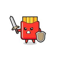 cute french fries soldier fighting with sword and shield vector