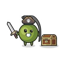 the grenade pirate character holding sword beside a treasure box vector