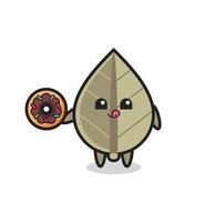 illustration of an dried leaf character eating a doughnut vector