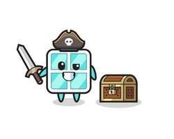 the window pirate character holding sword beside a treasure box vector