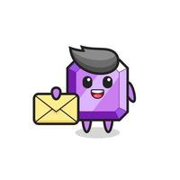 cartoon illustration of purple gemstone holding a yellow letter vector