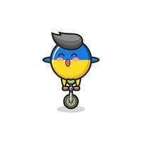 The cute ukraine flag badge character is riding a circus bike vector