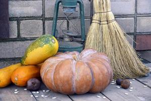 Pumpkin, zucchini on a wooden background next to an old lamp photo