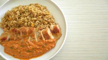 Filete de pollo a la plancha con salsa de curry rojo y arroz