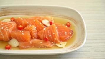 Raw marinated shoyu or salmon pickled soy sauce video