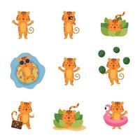 Set with a cute cartoon tiger on vacation. vector