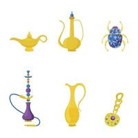 Set with a cute oriental beauty. Golden treasures lamp, vessel, hookah vector