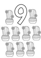 nine cacti preschool education printable numbers coloring pages vector