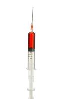 Syringe and red drug on white background photo