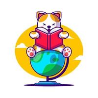 lindo gato de ilustraciones vectoriales de dibujos animados leyendo un libro en un globo terráqueo. vector