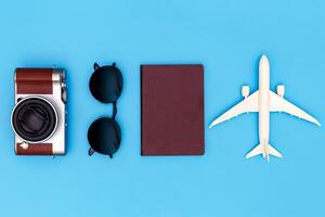 Flat lay image of accessory clothing to plan travel in holida photo