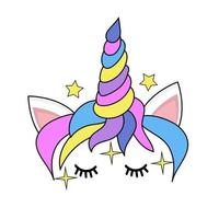 icono de cara de unicornio dulce, cuerno mágico con estrellas. vector