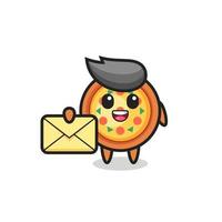 cartoon illustration of pizza holding a yellow letter vector