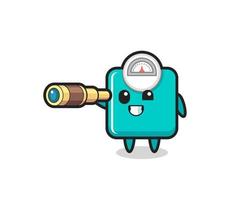 cute weight scale character is holding an old telescope vector