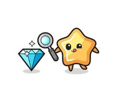 star mascot is checking the authenticity of a diamond vector