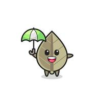 cute dried leaf illustration holding an umbrella vector