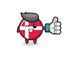 cute denmark flag badge with social media thumbs up symbol vector