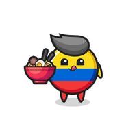 lindo personaje de insignia de la bandera de colombia comiendo fideos vector