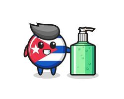 Cute dibujos animados de la insignia de la bandera de cuba con desinfectante de manos vector